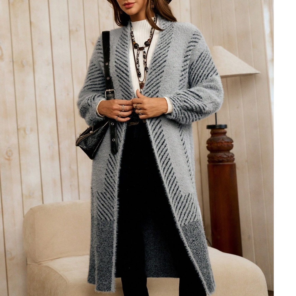 Cozy Color Block Stripes Fuzzy Open Front Cardigan - Picture 4 of 9